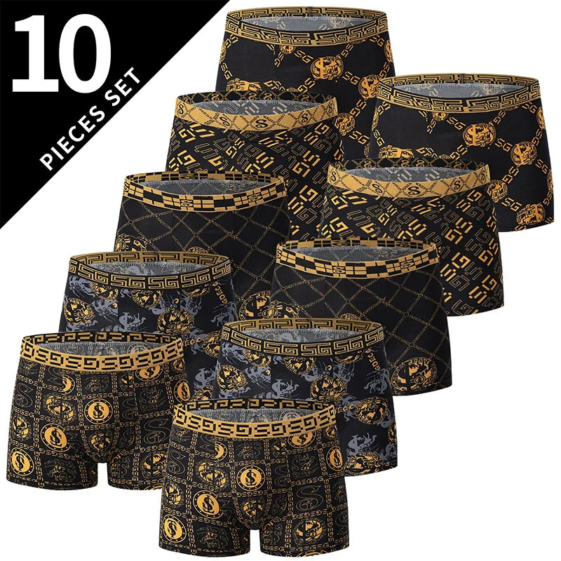 Men's Black Gold Printed Boxer Underwear - Comfortable & Versatile (5-Pack or 10-Pack)