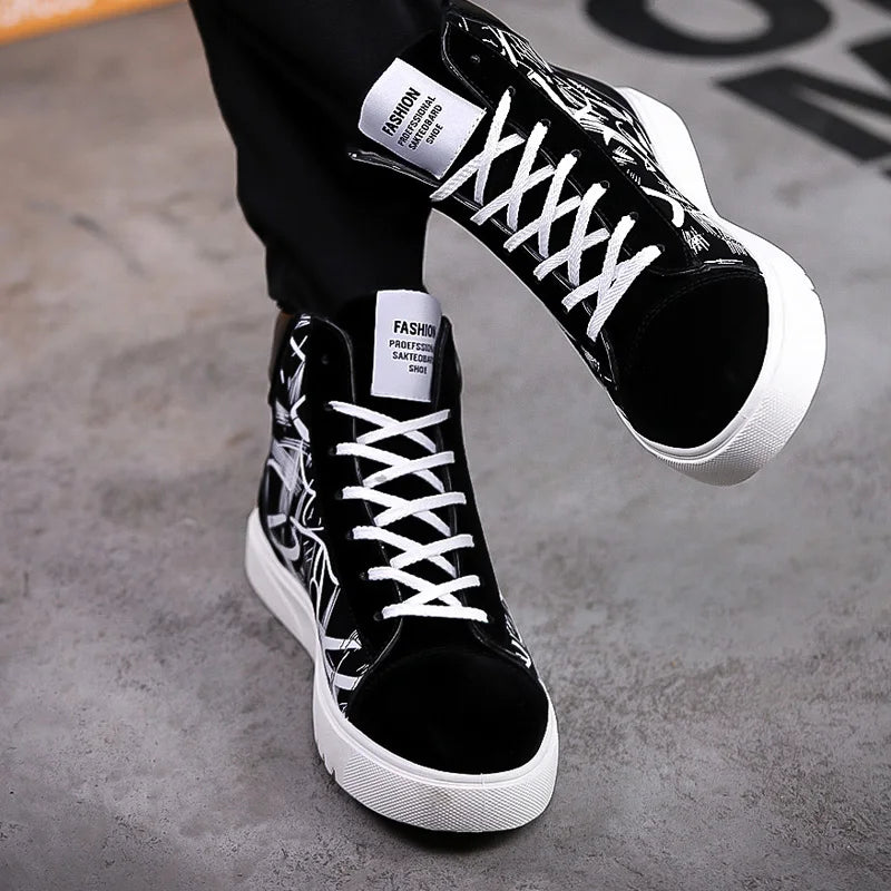 Men's Lace-Up High-Top Canvas Sneakers with Vulcanized Sole