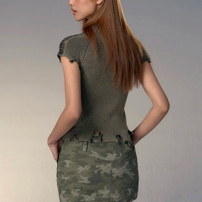 Karrcat Women's Knitted T-Shirt – Vintage Distressed Slim Fit & Ribbed Design