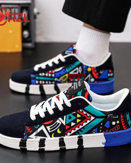YRZL Men's Canvas Lace-Up Sneakers with Geometric Design