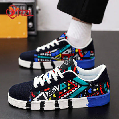 YRZL Men's Canvas Sneakers - Geometric Style Lace-Up Casual Shoes with Graffiti Design