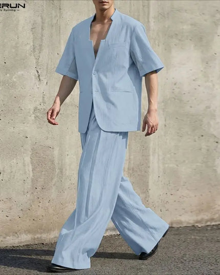 INCERUN Men's Two-Piece V-Neck Short Sleeve Blazer & Pants Set