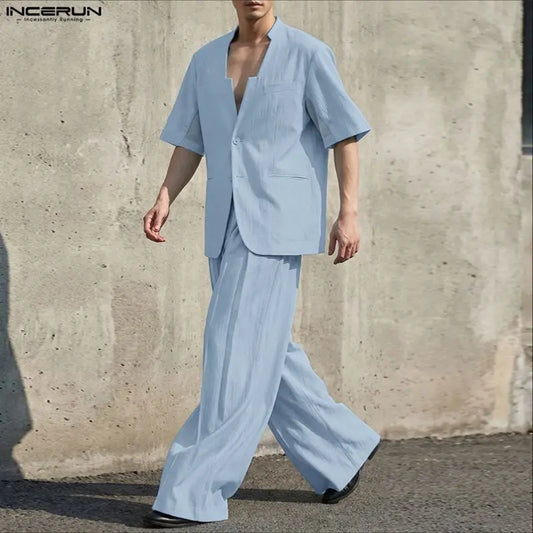 INCERUN Men's Two-Piece V-Neck Short Sleeve Blazer & Pants Set