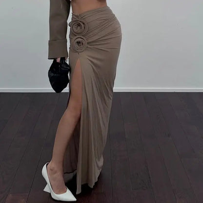 Ruched Maxi Skirts for Women with Floral Appliqué Trim