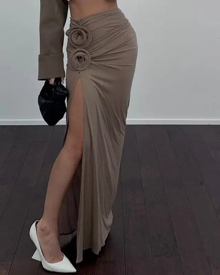 Ruched Maxi Skirts for Women with Floral Appliqué Trim