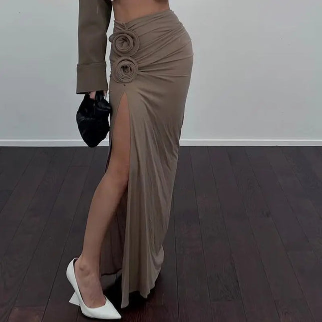 Ruched Maxi Skirts for Women with Floral Appliqué Trim