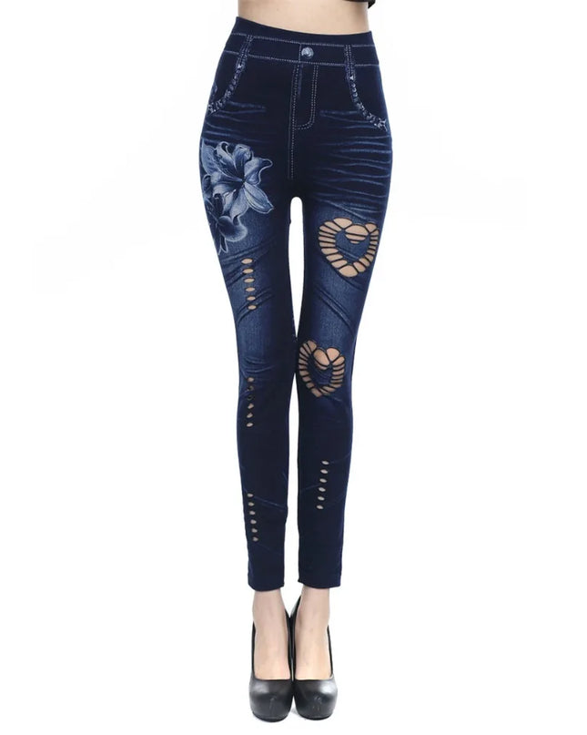 High-Waisted Women's Slim-Fit Faux Denim Pants with Heart and Flower Pattern