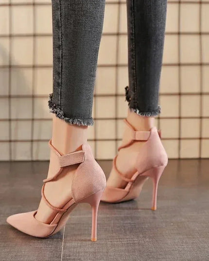 Women's Suede High Heels Roman Sandals with Cross Strap & Buckle Closure