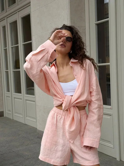 Women's Cotton 2-Piece Shirt and Pants Set with Drawstring