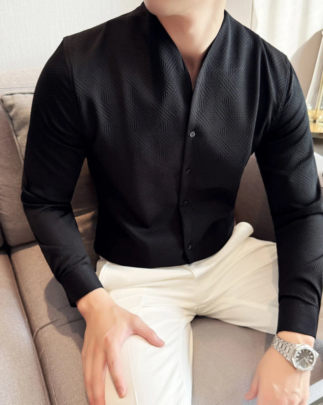 Men's V-Neck Long Sleeve Slim Fit Casual Shirt with Stand Collar
