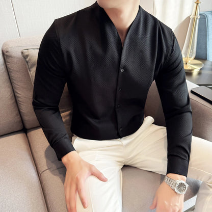 Men's V-Neck Long Sleeve Slim Fit Casual Shirt with Stand Collar