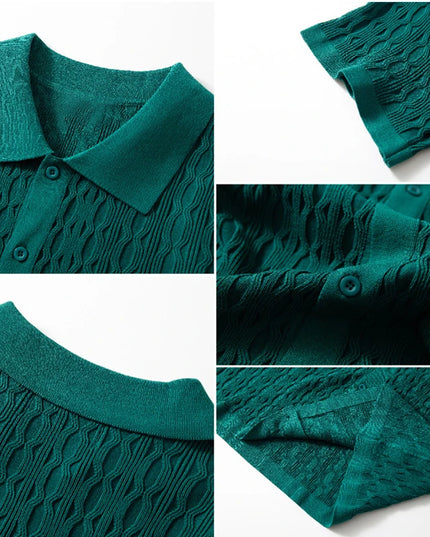 Men's Single-Breasted Knitted Polo Shirt  - Stripe Jacquard Design