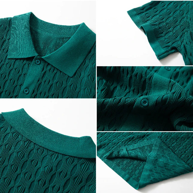 Men's Single-Breasted Knitted Polo Shirt  - Stripe Jacquard Design