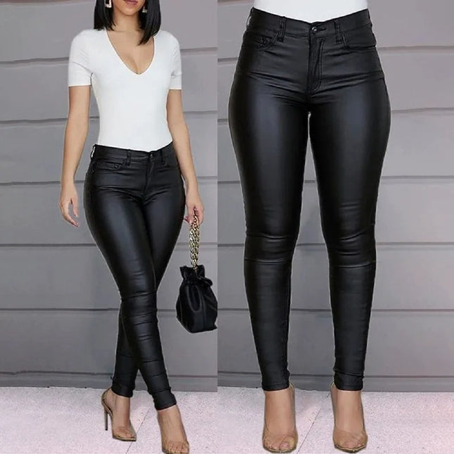 Women’s High-Waist Solid PU Leather Skinny Pants - Slim Fit & Stretch