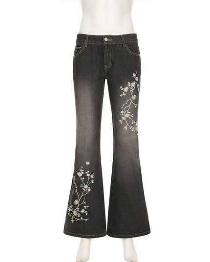 Women's Floral Embroidered Low Rise Flared Denim Jeans