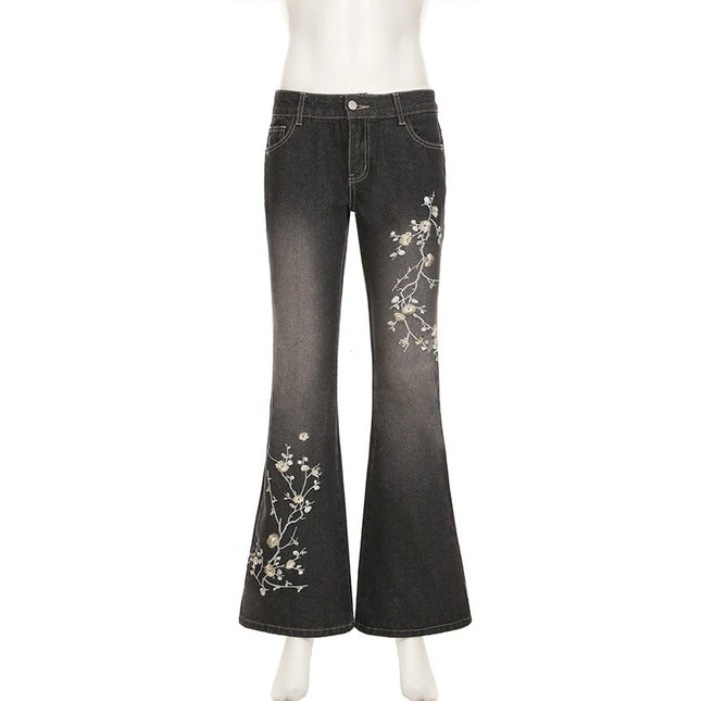 Women's Floral Embroidered Low Rise Flared Denim Jeans