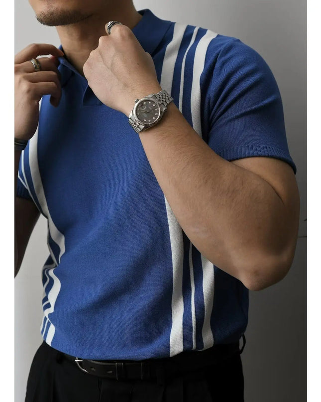 Men's Solid Zipper Knitted Polo Shirt with Lapel