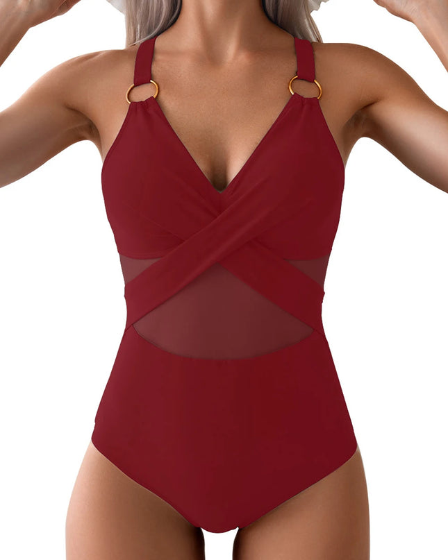 Women’s One Piece Mesh Ruched Swimwear with Ring Link Design