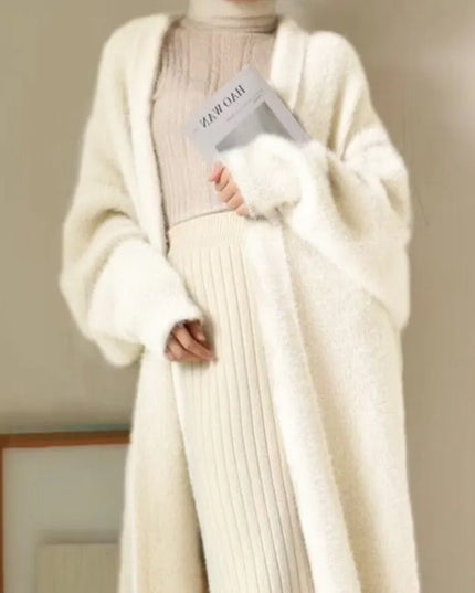 Women's Long Knitted Fluffy Cardigan with Long Sleeves