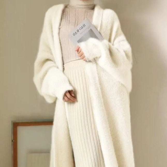 Women's Long Knitted Fluffy Cardigan with Long Sleeves