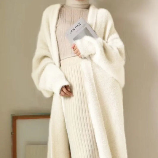 Women's Long Knitted Fluffy Cardigan with Long Sleeves