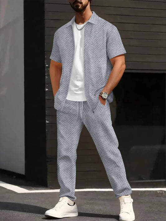 Men's Geometric Jacquard Two-Piece Set with Turn-Down Collar, Short Sleeve Zip-Up Shirt & Pants Set