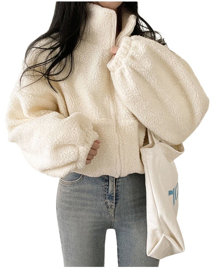 Women's Plush Faux Wool Jacket - Thick Warm Zip-up with Stand Collar