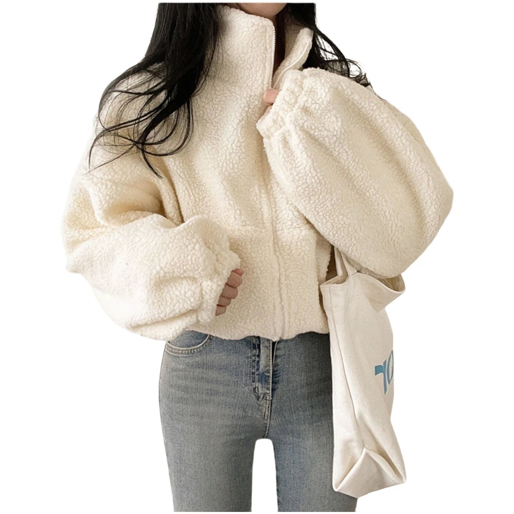 Women's Plush Faux Wool Jacket - Thick Warm Zip-up with Stand Collar
