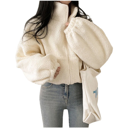 Women's Plush Faux Wool Jacket - Thick Warm Zip-up with Stand Collar