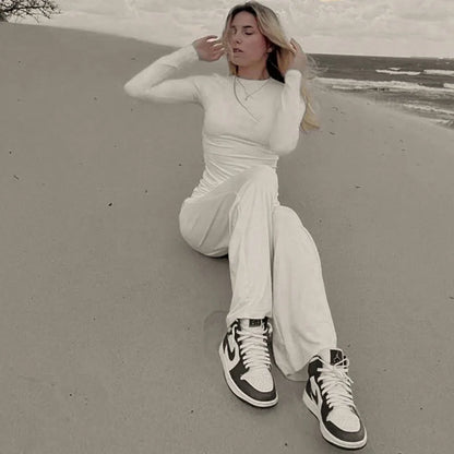 Women's Two-Piece Pleated Casual Sweater Set with Round Neck Long Sleeve Top & High-Waisted Wide Leg Pants