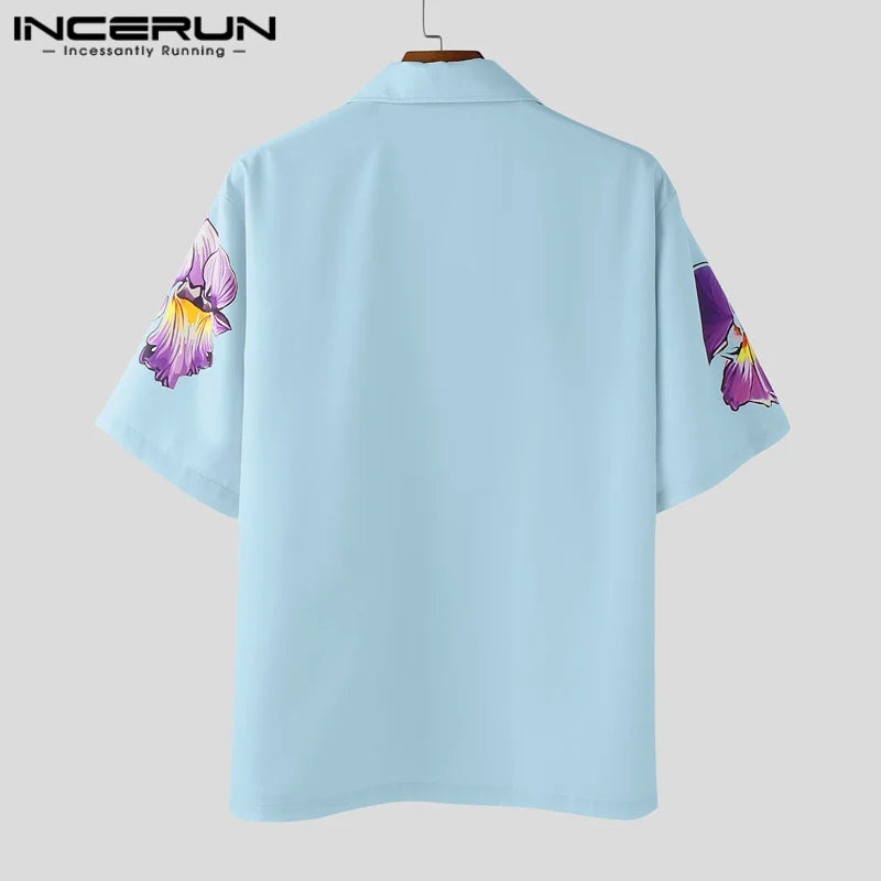 Incerun Men's Floral Print Short Sleeve Shirt with Lapel, Button-Down, Loose Fit