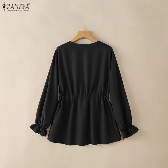 Zanzea Women's Long Sleeve Blouse with U-Neck, Drawstring Waist