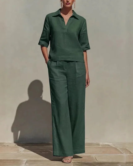 Women’s Two-Piece Set  V-Neck Short-Sleeve Sweater Top and High-Waisted Wide-Leg Pants