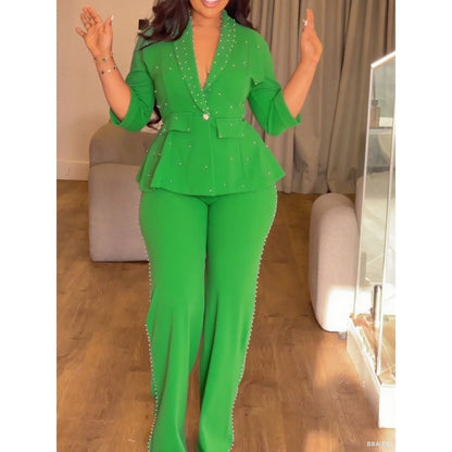 Elegant Women's Two-Piece Blazer and High-Waist Pants Set