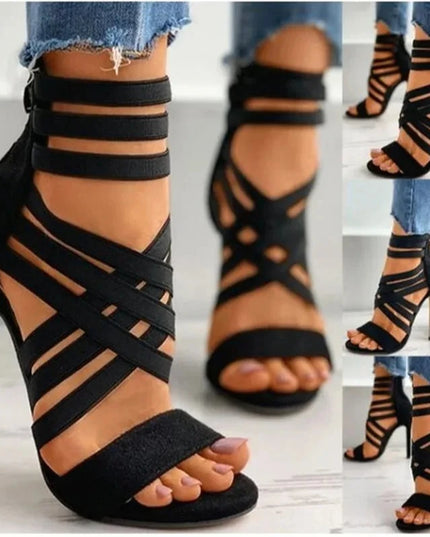 Elegant Peep Toe High Heels for Women with Elastic Band, Cross-Design, and Back Zipper Closure