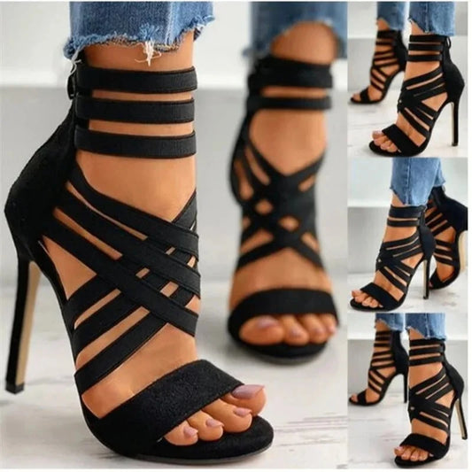 Elegant Peep Toe High Heels for Women with Elastic Band, Cross-Design, and Back Zipper Closure