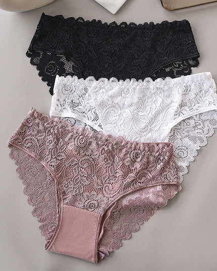 3-Piece Luxury Floral Lace Embroidery Briefs Set for Women - Sensual Hollow Lingerie & Breathable Underwear