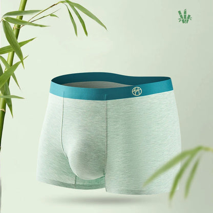Green boxer briefs with a blue waistband on a light green background with bamboo leaves.