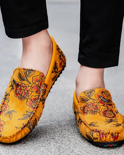 Men's Flower-Printed Faux Leather Slip-On Loafers - Stylish and Comfortable Men's Shoes