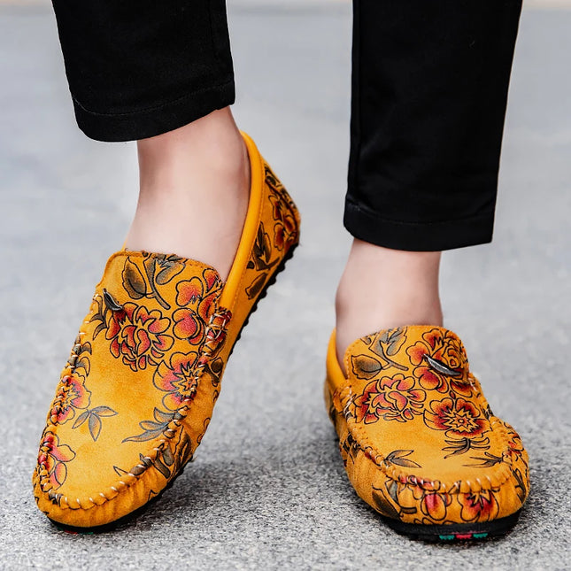Men's Flower-Printed Faux Leather Slip-On Loafers - Stylish and Comfortable Men's Shoes