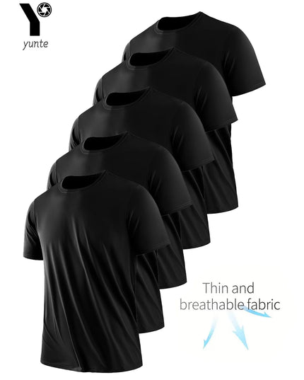 Men's Black Round Neck T-Shirt – 5-Pack, Quick-Drying, Breathable, Sweat-Absorbent