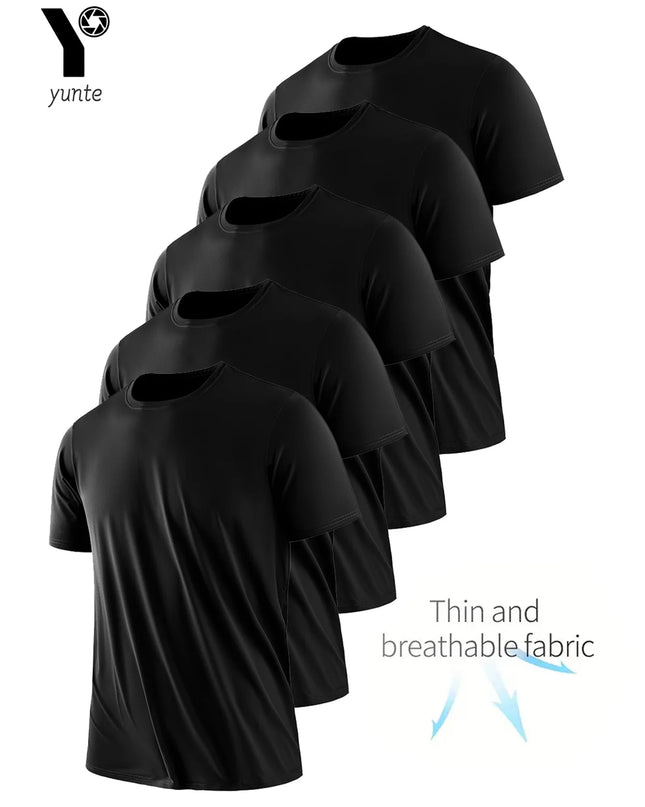 Men's Black Round Neck T-Shirt – 5-Pack, Quick-Drying, Breathable, Sweat-Absorbent