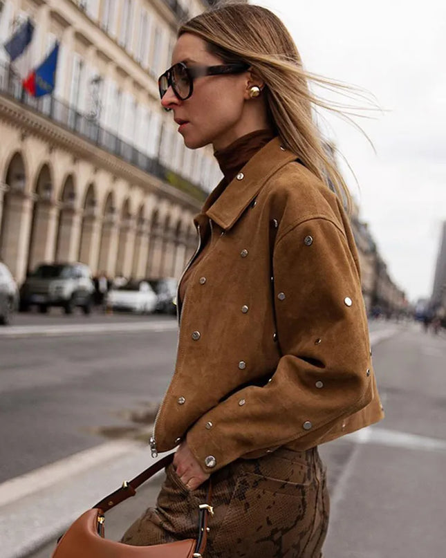 Stylish Women’s Faux Suede Rivet Lapel Zipper Jacket