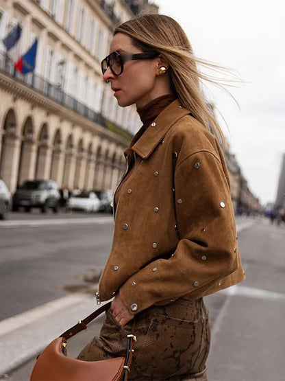 Stylish Women’s Faux Suede Rivet Lapel Zipper Jacket