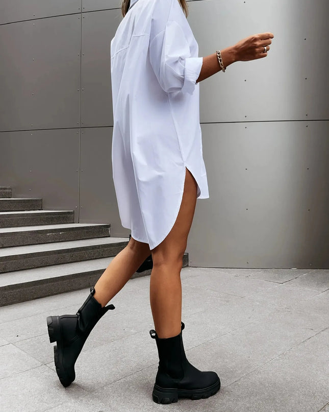 Women's Long Sleeve Lapel Shirt Dress with Buttons