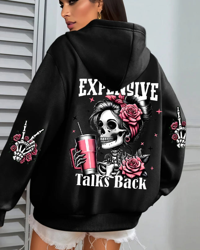 Women's "Expensive Talks Back" Printed Hoodie Sweater - Loose Fit