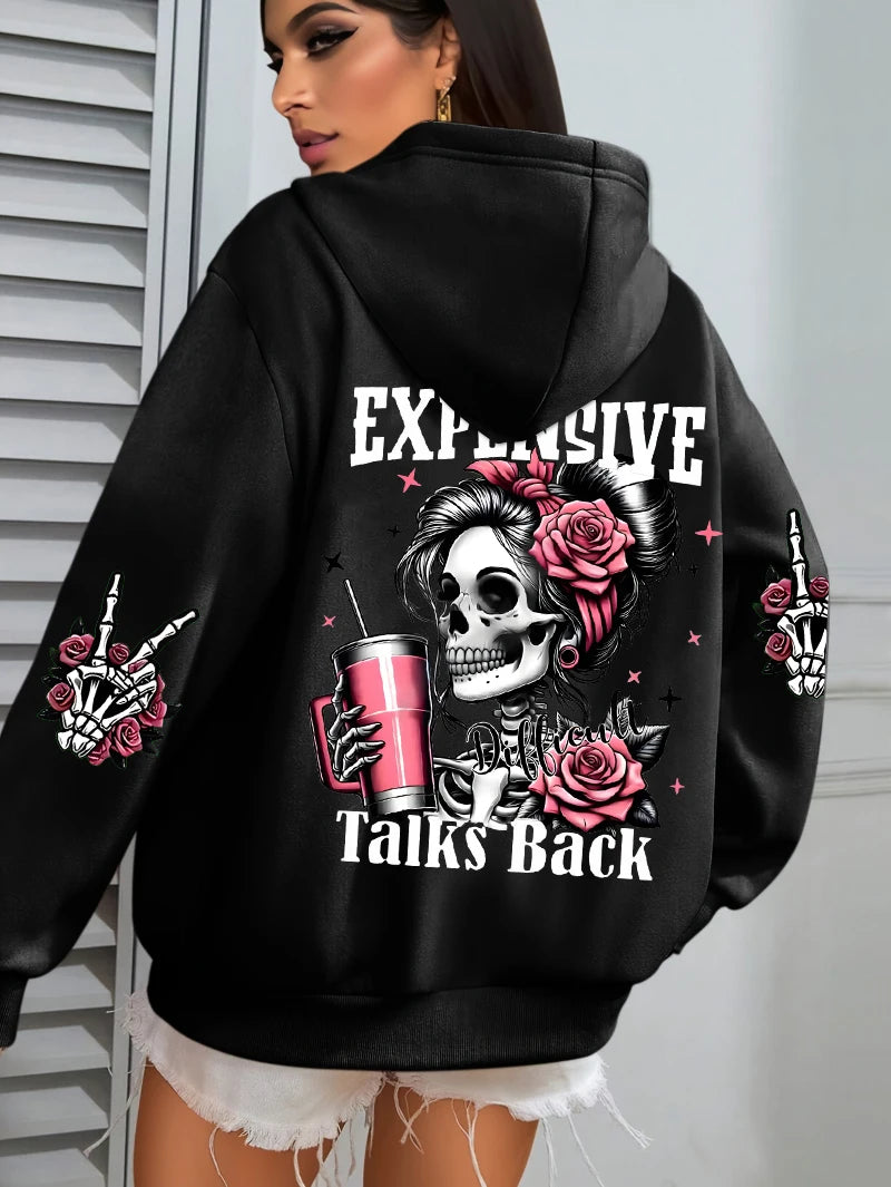 Women's "Expensive Talks Back" Printed Hoodie Sweater - Loose Fit