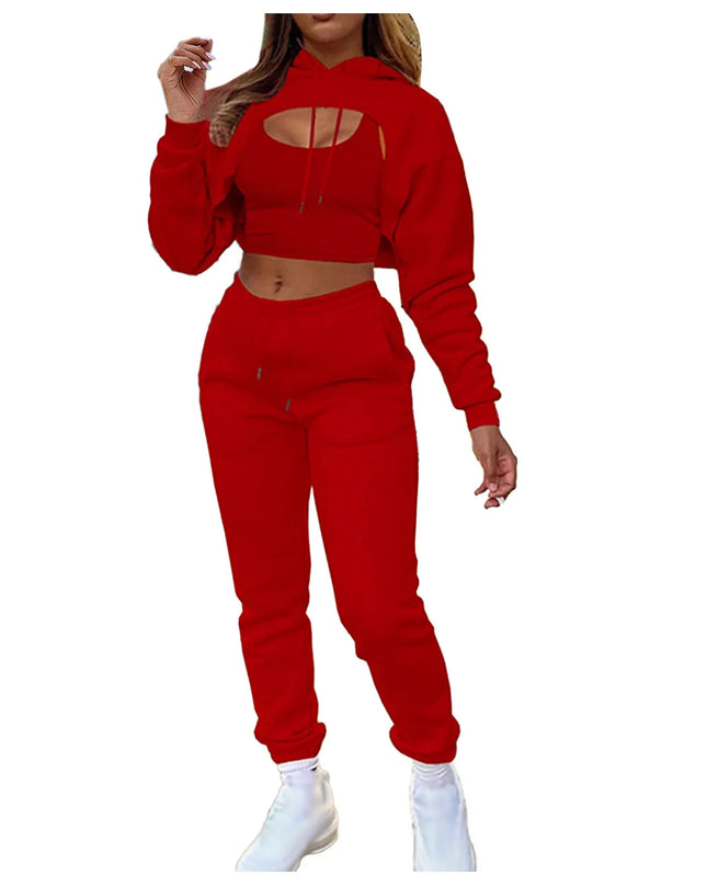Women's Three-Piece Sweatshirt, Crop Top, and Drawstring Pants Set