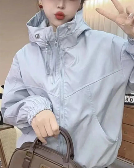 Women's Hooded Short Jacket with Double Zipper - Loose Fit