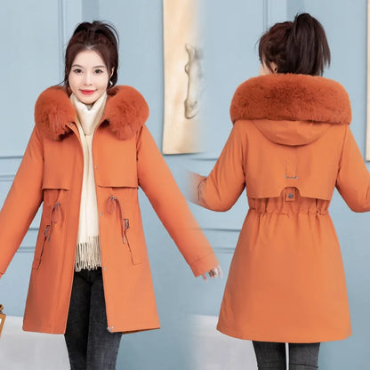 Women's Long Hooded Parka Coat with Wool Lining and Fur Collar - Various Colors